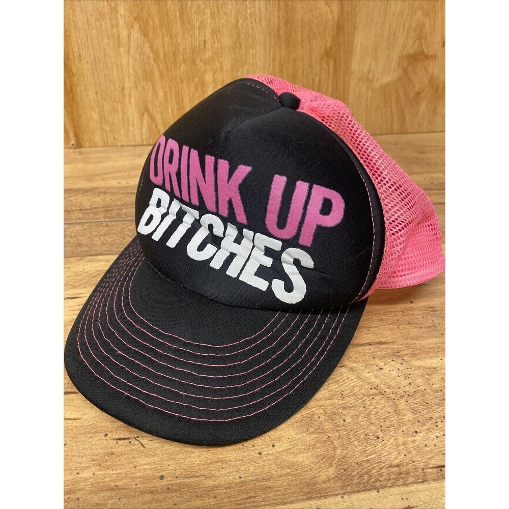 Vintage Snapback Mesh Trucker Cobra Hat "Drink Up Bitches" Pink Black Party Vibe